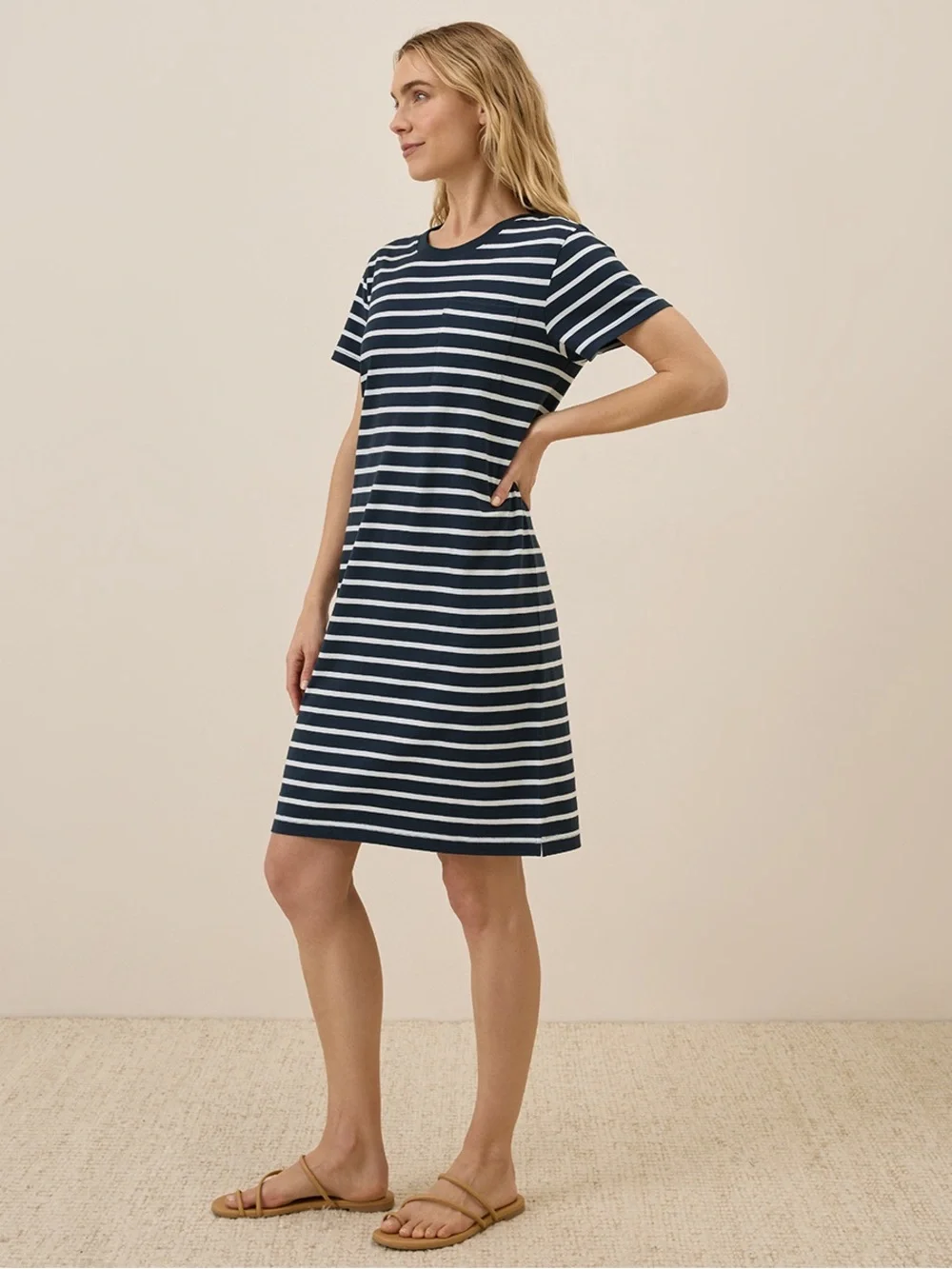 Pact Organic Cotton Softspun Tee Dress Navy White Stripe Casual XS